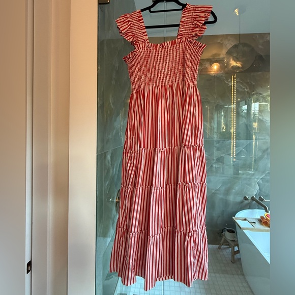 Women’s Red Stripe Midi Dress with Smocked Bodice - Picture 9 of 12